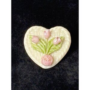 Vintage Belleek Pottery Brooch Heart-Shaped With Pink Roses Design